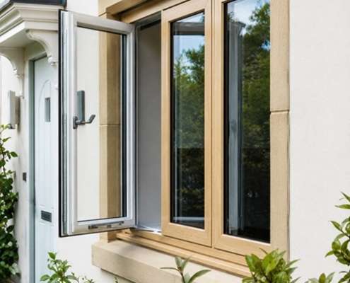 Modern exterior home window replacement with wood frames and energy-efficient glass
