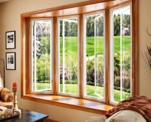 Bright living room featuring large energy-efficient bay windows with natural outdoor views
