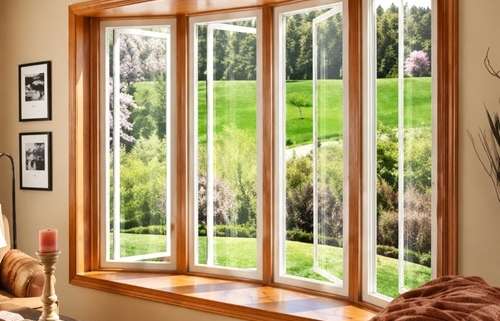 Bright living room featuring large energy-efficient bay windows with natural outdoor views