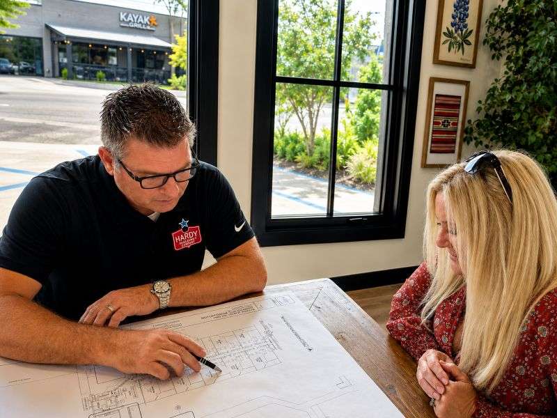 Hardy Windows of Texas professional reviews window project plans with a homeowner beside black-framed windows.