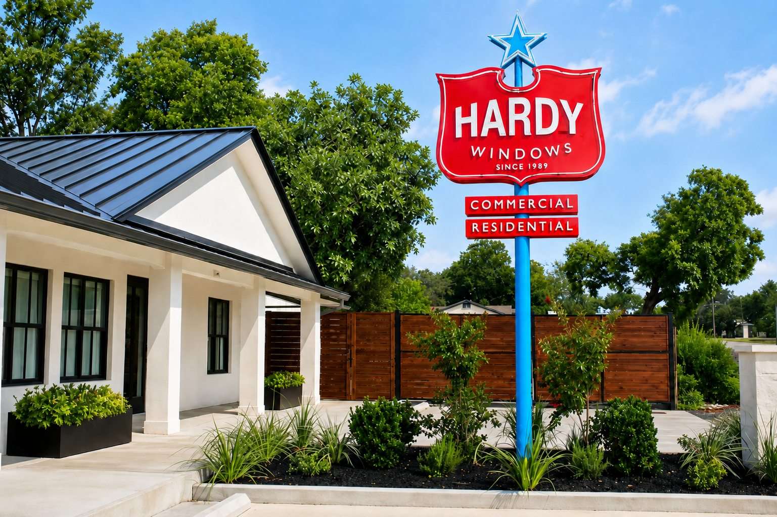 Hardy Windows red shield sign topped with a blue star, beside the white showroom with black-framed windows and a standing seam metal roof in Austin, Texas