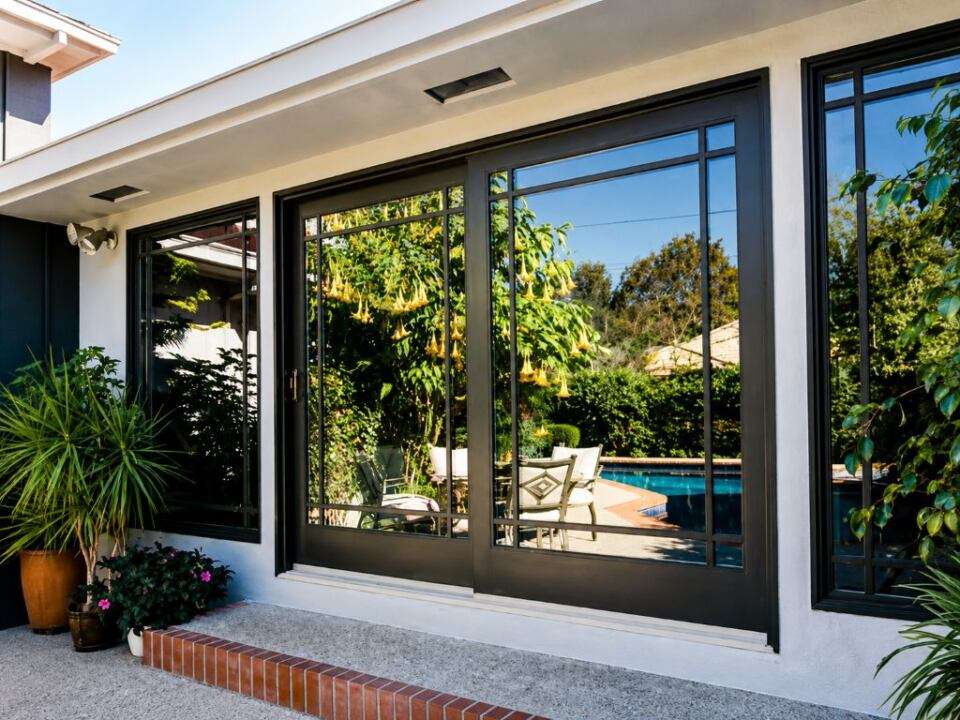 Wide two-panel sliding patio door with slim black frames looking out to a covered patio and green yard